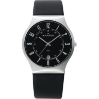 Skagen Black Leather and Steel Watch Skagen Black Leather and Steel Watch