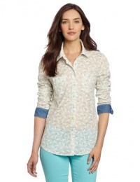 BCBGeneration Women's Shark Print Woven Button Up Shirt With Contrast Denim, Aqua Combo, XX-Small BCBGeneration Women's Shark Print Woven Button Up Shirt With Contrast Denim, Aqua Combo, XX-Small