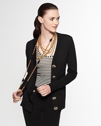 A versatile favorite available in a multitude of colors, this cardigan is the perfect layering option for your wardrobe. Pair with a boldly printed top, tunic or dress for a fun pop of color. Five-button placket with oversized logo buttons. Ribbed cuffs and hem. A versatile favorite available in a multitude of colors, this cardigan is the perfect layering option for your wardrobe. Pair with a boldly printed top, tunic or dress for a fun pop of color. Five-button placket with oversized logo buttons. Ribbed cuffs and hem.
