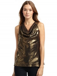 THE LOOKDeep cowl necklineSleevelessCross-over draped racerbackAll-over semi-sheer metallic printTHE FITAbout 26 from shoulder to hemTHE MATERIALPolyesterCARE & ORIGINDry cleanImportedModel shown is 5'11 (180cm) wearing US size Small. THE LOOKDeep cowl necklineSleevelessCross-over draped racerbackAll-over semi-sheer metallic printTHE FITAbout 26 from shoulder to hemTHE MATERIALPolyesterCARE & ORIGINDry cleanImportedModel shown is 5'11 (180cm) wearing US size Small.