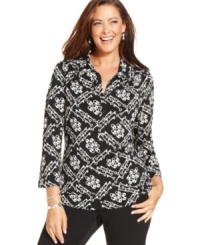Unlock a chic look with Alfani's three-quarter-sleeve plus size top-- it's an Everyday Value! Unlock a chic look with Alfani's three-quarter-sleeve plus size top-- it's an Everyday Value!