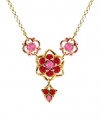 European Style Y-Necklace by Lucia Costin Embellished with 4 Petal Flowers, Dots, Twisted Lines, Pink and Red Swarovski Crystals; 24K Yellow and Pink Gold over .925 Sterling Silver; Handmade in USA