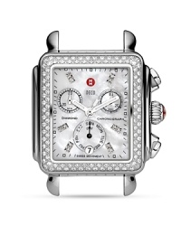 Dress your wrist to impress with for Michele's sterling wathc. The sparkling piece touts Mother of Pearl, sapphire crystals and diamond stations for a statement that shines. Dress your wrist to impress with for Michele's sterling wathc. The sparkling piece touts Mother of Pearl, sapphire crystals and diamond stations for a statement that shines.