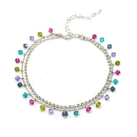 Multi-Colored Pink, Purple, Blue, Green, Smoky Swarovski Faceted Crystal Dangling with Cubic Zirconia CZ on Rhodium Plated Brass Anklet 8.5''-10.5'' - Nickel Free Multi-Colored Pink, Purple, Blue, Green, Smoky Swarovski Faceted Crystal Dangling with Cubic Zirconia CZ on Rhodium Plated Brass Anklet 8.5''-10.5'' - Nickel Free