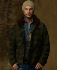Evoking the feel of a vintage hunting jacket, this earthy jacquard plaid-printed topper provides an urban-meets-outdoor look for the modern woodsman. Evoking the feel of a vintage hunting jacket, this earthy jacquard plaid-printed topper provides an urban-meets-outdoor look for the modern woodsman.