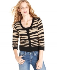 Bring on the cuteness in It's Our Time's three-quarter sleeve, tiger-stripe cardigan! Bring on the cuteness in It's Our Time's three-quarter sleeve, tiger-stripe cardigan!