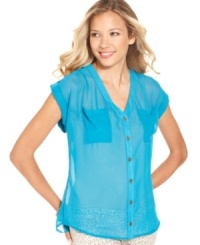 Sheer genius, indeed! A cool back cutout lends totally alluring style to this sheer button-down top from 6 Degrees. Sheer genius, indeed! A cool back cutout lends totally alluring style to this sheer button-down top from 6 Degrees.