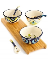 Set an everyday table that's always exciting with Bocca Geo condiment bowls, featuring bold patterns and vivid colors in hard-wearing earthenware from Tabletops Unlimited. Coordinating spoons and a bamboo tray complete the set. Set an everyday table that's always exciting with Bocca Geo condiment bowls, featuring bold patterns and vivid colors in hard-wearing earthenware from Tabletops Unlimited. Coordinating spoons and a bamboo tray complete the set.