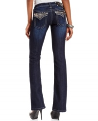 Sequins and hardware add high shine to these Miss Me bootcut jeans, perfect for daytime glam! Sequins and hardware add high shine to these Miss Me bootcut jeans, perfect for daytime glam!
