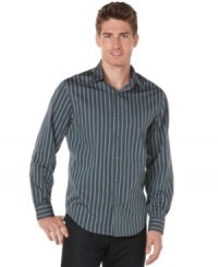 Button up your business style with this striped long-sleeved shirt from Perry Ellis. (Clearance)