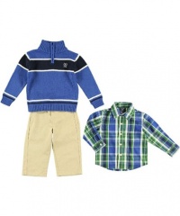 Izod Kids Baby-boys Infant Stripe 1/4 Zip Sweater With Plaid Woven Shirt and Pant, Medium Blue, 24 Months Izod Kids Baby-boys Infant Stripe 1/4 Zip Sweater With Plaid Woven Shirt and Pant, Medium Blue, 24 Months