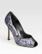 This showstopping metallic leather style has a glitter-encrusted upper and an ultra-skinny heel. Self-covered heel, 4 (100mm)Glitter-coated metallic leather upperLeather lining and solePadded insoleMade in Italy