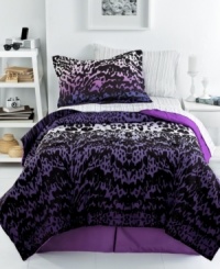 Into the jungle! A frenzy of pattern greets your room in this Ombre Animal comforter set, featuring an allover cheetah print in a rich purple and black colorway. Into the jungle! A frenzy of pattern greets your room in this Ombre Animal comforter set, featuring an allover cheetah print in a rich purple and black colorway.
