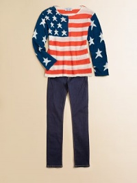 Saluting the stars and stripes, this patriotic pullover knit brings style to the states.CrewneckLong sleevesPullover style54% acrylic/36% nylon/10% woolHand wash or dry cleanImported Saluting the stars and stripes, this patriotic pullover knit brings style to the states.CrewneckLong sleevesPullover style54% acrylic/36% nylon/10% woolHand wash or dry cleanImported