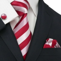 LANDISUN 644 STRIPE RED TIE SET:TIE+HANKY+CUFFLINKS