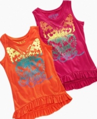 Fun fluttery fashion. Ruffles line the hem of this lightweight tank from Guess, perfect for her summer style. Fun fluttery fashion. Ruffles line the hem of this lightweight tank from Guess, perfect for her summer style.