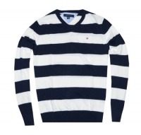 Tommy Hilfiger Men Wide Stripes Logo V-Neck Pullover Sweater Tommy Hilfiger Men Wide Stripes Logo V-Neck Pullover Sweater