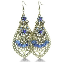 Antique Finish Gold Tone Blue Flower Dangle Drop Earrings, 3 Inches Antique Finish Gold Tone Blue Flower Dangle Drop Earrings, 3 Inches