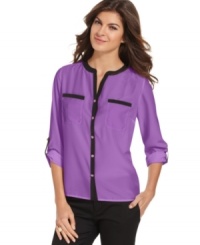 Sophisticated contrast trimming, elegant button closures and a luxe silky fabric create an irresistible combination on this petite Elementz shirt. Sophisticated contrast trimming, elegant button closures and a luxe silky fabric create an irresistible combination on this petite Elementz shirt.
