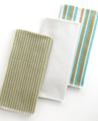 Grab style and keep function with a set of three kitchen towels that step forward in eye-catching color to wipe up spills, aid in prep and add an accent to your space. The ribbed side sets a sharp appearance for any room, while the highly absorbent terry quickly cleans up. Limited lifetime warranty. Grab style and keep function with a set of three kitchen towels that step forward in eye-catching color to wipe up spills, aid in prep and add an accent to your space. The ribbed side sets a sharp appearance for any room, while the highly absorbent terry quickly cleans up. Limited lifetime warranty.