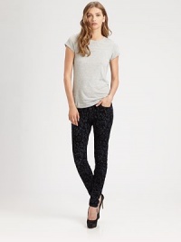 Intricate brocade print rejuvenates these ultra-stretchy, classically styled skinnies. THE FITMedium rise, about 8Inseam, about 30THE DETAILSZip flyFive-pocket style92% cotton/7% polyester/1% spandexMachine washMade in USA of imported fabricModel shown is 5'11 (178cm) wearing US size 4. Intricate brocade print rejuvenates these ultra-stretchy, classically styled skinnies. THE FITMedium rise, about 8Inseam, about 30THE DETAILSZip flyFive-pocket style92% cotton/7% polyester/1% spandexMachine washMade in USA of imported fabricModel shown is 5'11 (178cm) wearing US size 4.