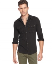 Armani Jeans rethinks that old reliable, the utility shirt, and remakes it in a surprising and supple cotton jersey. Armani Jeans rethinks that old reliable, the utility shirt, and remakes it in a surprising and supple cotton jersey.