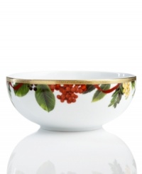 A new holiday classic, the Holly Berry vegetable bowl features filigree-patterned gold and beautiful Christmas botanicals in elegant white porcelain. Complements Grand Buffet Classic Gold and Red Rim dinnerware. A new holiday classic, the Holly Berry vegetable bowl features filigree-patterned gold and beautiful Christmas botanicals in elegant white porcelain. Complements Grand Buffet Classic Gold and Red Rim dinnerware.