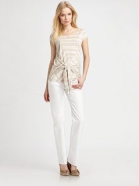 Stylish stripes and a self-tie waist detail give this jersey top unmistakable charm.ScoopneckCap sleevesAllover printSelf-tie frontPull-on styleAbout 26 from shoulder to hemViscoseHand washImported of Italian fabric Model shown is 5'10 (177cm) wearing US size Small. Stylish stripes and a self-tie waist detail give this jersey top unmistakable charm.ScoopneckCap sleevesAllover printSelf-tie frontPull-on styleAbout 26 from shoulder to hemViscoseHand washImported of Italian fabric Model shown is 5'10 (177cm) wearing US size Small.