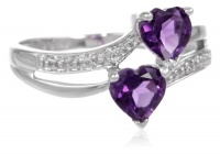 10k White Gold Double Heart-Shaped Amethyst with Diamond Heart Ring