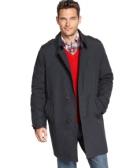 Lengthen the spectrum of your outerwear options with this handsome trench raincoat from Tommy Hilfiger. Lengthen the spectrum of your outerwear options with this handsome trench raincoat from Tommy Hilfiger.