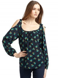 THE LOOKAllover floral printTie detail at shoulders with cutoutsLong sleeves with elastic cuffsFront and back gentle ruchingTHE FITAbout 26 from shoulder to hemTHE MATERIALSilkCARE & ORIGINDry cleanImportedModel shown is 5'10½ (179cm) wearing US size 4. THE LOOKAllover floral printTie detail at shoulders with cutoutsLong sleeves with elastic cuffsFront and back gentle ruchingTHE FITAbout 26 from shoulder to hemTHE MATERIALSilkCARE & ORIGINDry cleanImportedModel shown is 5'10½ (179cm) wearing US size 4.