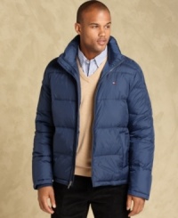 Bundle up for your big treks with this faux-down filled puffer jacket from Tommy Hilfiger. Bundle up for your big treks with this faux-down filled puffer jacket from Tommy Hilfiger.