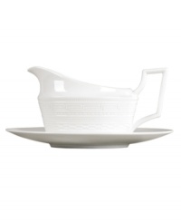 Rich with history, the Intaglio gravy boat from Wedgwood features modern bone china embossed with geometric motifs from the Georgian era. With a distinct handle design. Rich with history, the Intaglio gravy boat from Wedgwood features modern bone china embossed with geometric motifs from the Georgian era. With a distinct handle design.