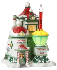 See holiday magic take place at Pip & Pop's Bubble Works. The electric bubble light testing tower performs quality checks on each new product to ensure an always-brilliant holiday in North Pole Village and beyond. See holiday magic take place at Pip & Pop's Bubble Works. The electric bubble light testing tower performs quality checks on each new product to ensure an always-brilliant holiday in North Pole Village and beyond.