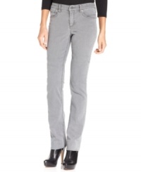 Jones New York Signature's Lexington petite straight-leg jeans are wardrobe classics, especially in a fresh grey wash with studded back pockets, perfect for fall.