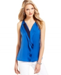 Turn up your style quotient with this petite halter top from T Tahari! Multi-layered ruffles give it fabulous flair. Turn up your style quotient with this petite halter top from T Tahari! Multi-layered ruffles give it fabulous flair.