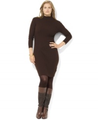 Rendered in luxurious merino wool, Lauren Ralph Lauren's ribbed, formfitting mock-neck plus size dress exudes timeless sophistication Rendered in luxurious merino wool, Lauren Ralph Lauren's ribbed, formfitting mock-neck plus size dress exudes timeless sophistication
