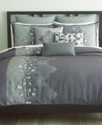 Fresh perspective. Featuring an appliqué-and-embroidery leaf motif along with contrast dot designs, Bryan Keith's Oxford comforter set offers a modern appeal in tones of deep purple and soft gray and green. Quilted European shams and delicately embroidered decorative pillows complete this set with careful attention to detail. Comforter reverses to the same print as the stripe design in the leaf appliqué. Fresh perspective. Featuring an appliqué-and-embroidery leaf motif along with contrast dot designs, Bryan Keith's Oxford comforter set offers a modern appeal in tones of deep purple and soft gray and green. Quilted European shams and delicately embroidered decorative pillows complete this set with careful attention to detail. Comforter reverses to the same print as the stripe design in the leaf appliqué.