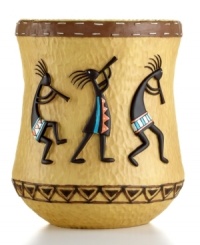 Revered by Native Americans, Kokopelli gives your bathroom an authentically Southwestern vibe. Saddle stitching frames the dancing deity on this dimpled wastebasket. Revered by Native Americans, Kokopelli gives your bathroom an authentically Southwestern vibe. Saddle stitching frames the dancing deity on this dimpled wastebasket.