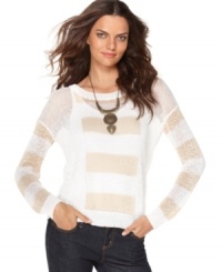 Sheer stripes make this Kensie sweater a hot layering piece for spring! Sheer stripes make this Kensie sweater a hot layering piece for spring!