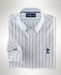 A long-sleeved sport shirt is cut for a trim, modern fit in breathable pinpoint oxford-woven cotton with a handsome striped finish. A long-sleeved sport shirt is cut for a trim, modern fit in breathable pinpoint oxford-woven cotton with a handsome striped finish.