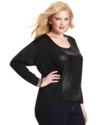 Slither sexily in Jessica Simpson's long sleeve plus size top, accented by a faux snakeskin inset. Slither sexily in Jessica Simpson's long sleeve plus size top, accented by a faux snakeskin inset.