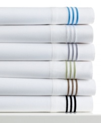 Clean and simple defines the Merrow Line Hem Embroidery sheet set from Westport, featuring luxe 300-thread count cotton sateen and an embroidered triple stripe embellishment for a touch of style & color. Clean and simple defines the Merrow Line Hem Embroidery sheet set from Westport, featuring luxe 300-thread count cotton sateen and an embroidered triple stripe embellishment for a touch of style & color.