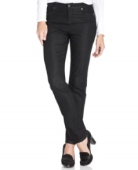 These petite jeans from Charter Club feature an inky black wash and straight leg ensuring a slimming fit! These petite jeans from Charter Club feature an inky black wash and straight leg ensuring a slimming fit!