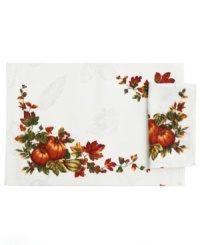 A cornucopia of fall, Harvest Medley napkins feature a lavish leaf and pumpkin print with elegant damask detail. (Clearance) A cornucopia of fall, Harvest Medley napkins feature a lavish leaf and pumpkin print with elegant damask detail. (Clearance)