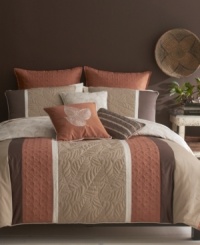 The Palisades bedding design features a vertical, pieced look complete with quilted, modern mosaics and leaf silhouettes. Detailed embroidery and coordinating piping add definitive lines, making this bedding collection stand out. The comforter reverses to a subtle repeating leaf design in tan over cream. The Palisades bedding design features a vertical, pieced look complete with quilted, modern mosaics and leaf silhouettes. Detailed embroidery and coordinating piping add definitive lines, making this bedding collection stand out. The comforter reverses to a subtle repeating leaf design in tan over cream.