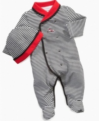 He'll go goo-goo for this cute choo-choo printed footie and matching striped beanie by Little Me. He'll go goo-goo for this cute choo-choo printed footie and matching striped beanie by Little Me.