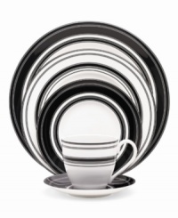 Black and white stripes create a bold graphic pattern on St. Kitts Pinney's Beach place setting for a look of modern sophistication and, in dishwasher-safe bone china, effortless everyday durability. Black and white stripes create a bold graphic pattern on St. Kitts Pinney's Beach place setting for a look of modern sophistication and, in dishwasher-safe bone china, effortless everyday durability.