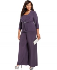 Alex Evenings' plus size ensemble is perfect for evening--draped details and a beaded, brooch-like closure dresses up the jacket and top while the wide-leg pant silhouette lends a sweeping, elegant finish. Alex Evenings' plus size ensemble is perfect for evening--draped details and a beaded, brooch-like closure dresses up the jacket and top while the wide-leg pant silhouette lends a sweeping, elegant finish.
