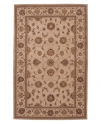 Inspired by the incomparably elegant carpets of 17th Century Persia, this accent rug makes an unmistakably Old World statement with extraordinary detail, a luxuriously soft texture and a spray of floral motifs. Meticulously hand crafted in premium wool and specially dyed for a subtle, vintage look. Inspired by the incomparably elegant carpets of 17th Century Persia, this accent rug makes an unmistakably Old World statement with extraordinary detail, a luxuriously soft texture and a spray of floral motifs. Meticulously hand crafted in premium wool and specially dyed for a subtle, vintage look.